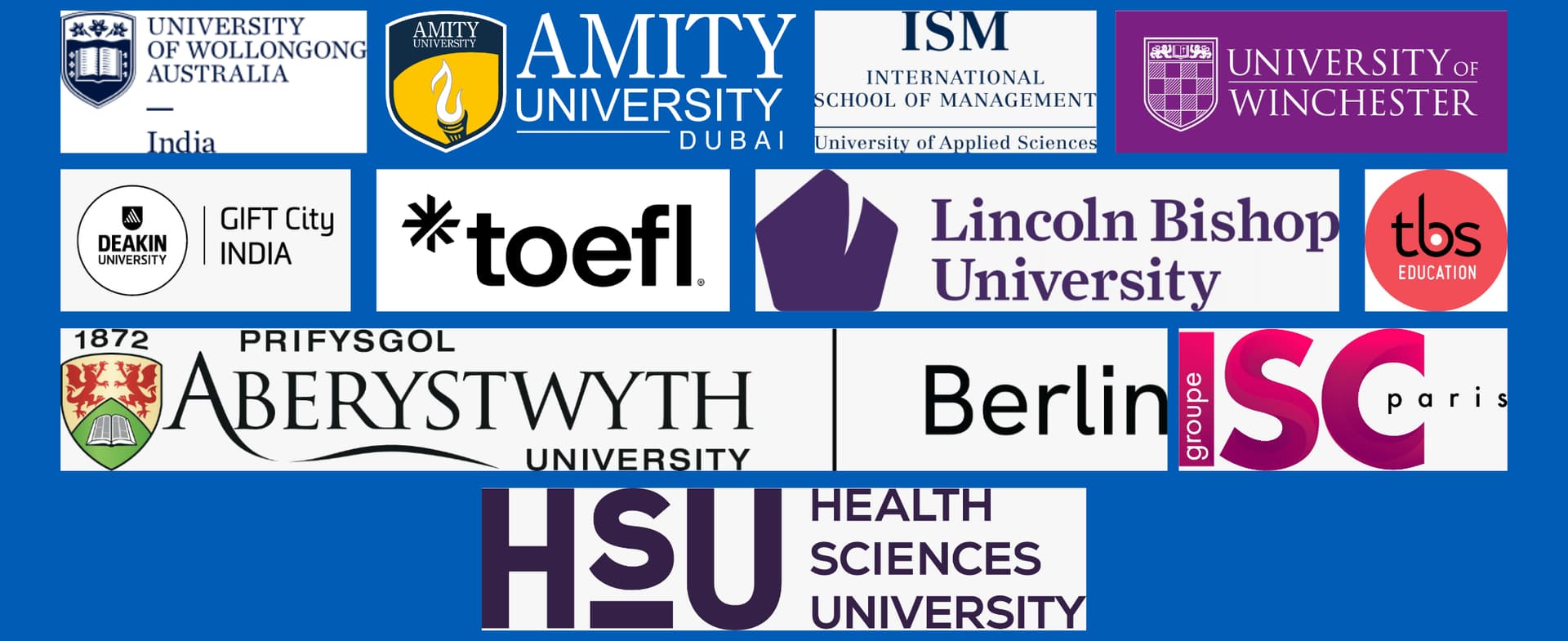 Participating institutions: University of Wollongong Australia in India, Amity University, Amity University Dubai, ISM International School of Management, University of Winchester, Deakin University GIFT City India, TOEFL, Lincoln Bishop University, TBS Education, Aberystwyth University, Berlin, ISC Paris, and Health Sciences University